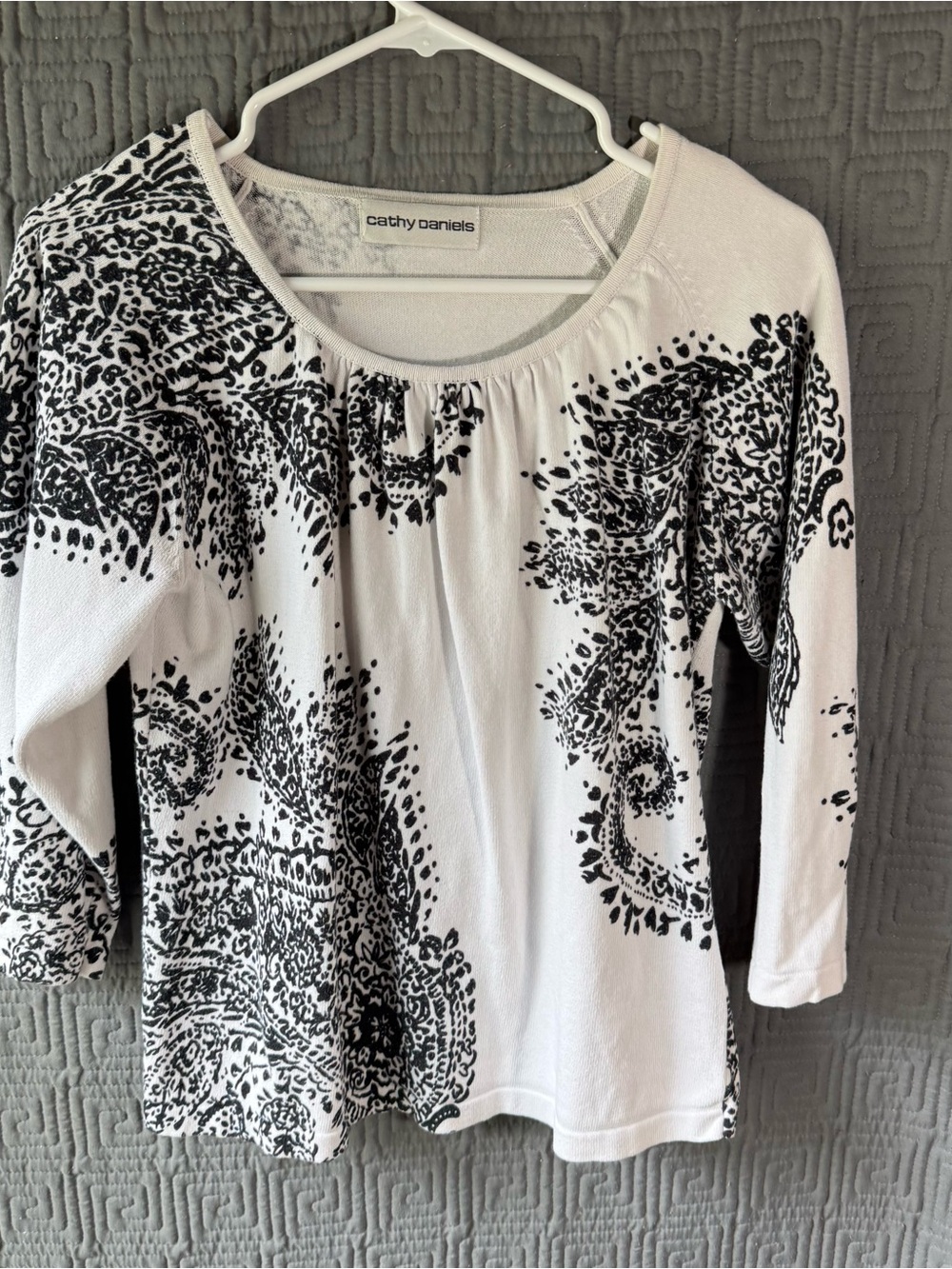 Cathy Daniels Womens Black White Paisley Blouse Scoop Neck 3/4 Sleeve Size L